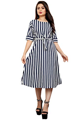 Image of AA Creation Women's Casual Crepe Striped Short Fit and Flare Western Dress (129, S, White Blue Striped One Piece)