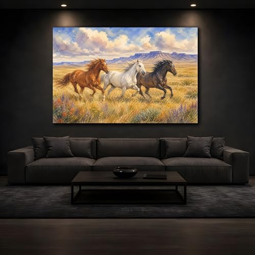 Impression trois chevaux aquarelle grand tableau mural horizontal