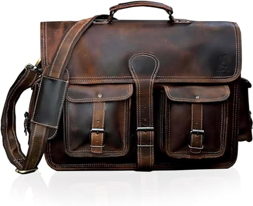 cuero Leather Messenger Bag for Men, 14 Inch Laptop Bag, Crossbody Bag Men, Vintage Handmade Leather Satchel Bag Full Grain Business Briefcase Shoulder Bag for Office/Work/Travel - Brown