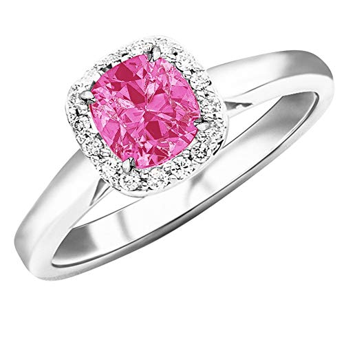 0.6 Carat t.w 14K White Gold Classic Prong Set Halo Style Diamond Engagement Ring w/a 0.5 Carat Cushion Cut Pink Sapphire Heirloom Quality