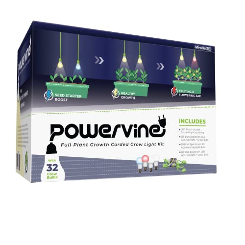 Miracle Led Powervine Seed To Flower Indoor Grow Light Kit - Includes 1 Blue, 2 Full, 1 Red Spectrum 100W Replacement Grow Light Bulbs & 1 2-Socket Corded Fixture (8-Pack) #TOP23