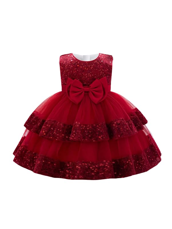 KIYOL Girls Sequin Party Gown Dress – Sleeveless Bow Waist Layered Tulle Frock for Baby Girl Birthday, Wedding (Multiple Colors)
