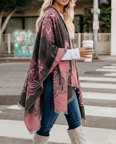 Image of Bestshe Women's Boho Open Front Poncho Plaid Shawl Wrap Cape | Tassel Cardigan Sweater, Cozy Layering, Fall Winter Clothes for Women