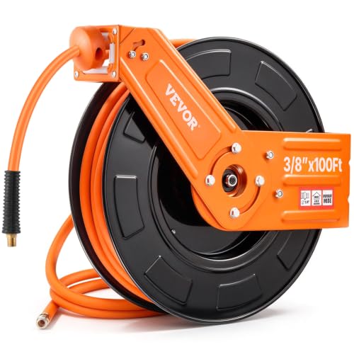 VEVOR Retractable Air Hose Reel, 3/8IN x 100FT Rubber Air Hose Max 300PSI, Air Compressor Hose Reel Auto-Rewind with 5FT Lead in, Ceiling/Wall Mount Heavy Duty Single Arm Steel Reel, 1/4' NPT Fitting
