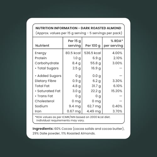 Image of NoirDate Roasted Almond Dark Chocolate - 75g, Bean to Bar, Sweetened with Dates, Refined Sugar Free, Clean Label, Healthy & Guilt-Free, Vegan, Rich in Antioxidant (Pack of 1)