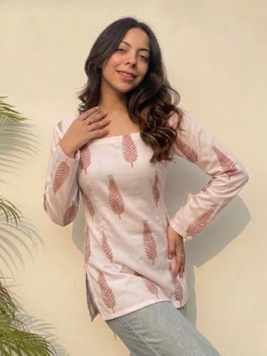 Image of ANNI Designer Women's Viscose Blend Printed Short Kurti | Straight Fit Ethnic Top with Square Neck | Bell Sleeve Indian Kurta for Office College, Party