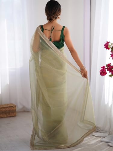 Image of AKHILAM Women's Shimmer Net Solid Saree With Unstitched Blouse Piece