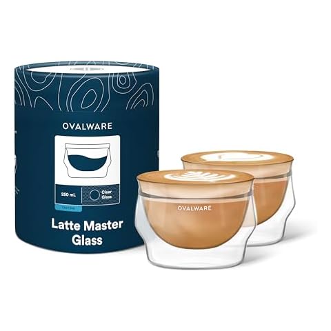 ovalware 8.5oz Double Wall Latte Cups, Latte Set of 2 - Latte Glasses for Cold & Hot Drink, Palm Sized Latte Glass Cups with Wide Rim for Latte Art - Clear Glass Cover