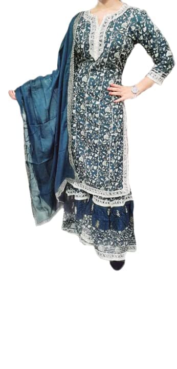 Funkey Shirts Women's Kurta with Plazzo & Dupatta Set (Medium, Blue)