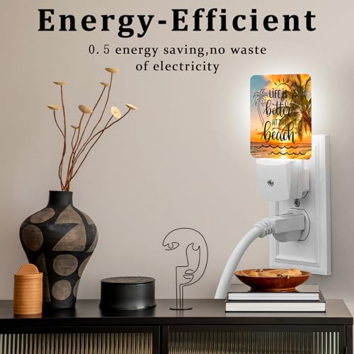 Image of Sea Beach Palm Tree Night Light, Plug-into Wall Life is Better at The Beach Nightlight Lamp with Dusk to Dawn Sensor, Led Lamp 0.5W Energy Efficient for Boys Girls Adults Home Decor