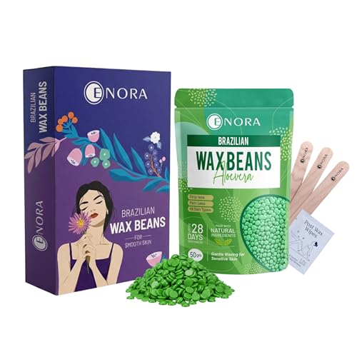 Image of ENORA Brazilian Stripless Wax Beans for Women (50g) | With Wooden Spatula | Natural | For Face, Chin, Hairline, Bikini Area & Full Body Hair Removal (50 Gram, Aloevera)