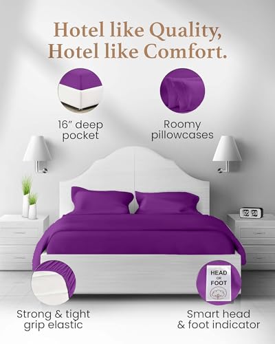 Image of Good Sleep Bedding 100% Egyptian Cotton Sheets Queen Size Bed Set, 4 Piece Silky Sateen Weave Queen Sheet Set, Ultra-Soft & Durable Hotel Luxury, 16 Inch Queen Sheets Deep Pocket - Purple