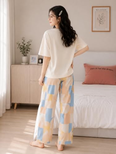 Image of Women's Korean Style Looper Fabric Nightsuit Set | Cute Print Half Sleeve T-Shirt & Pajama Set | Soft Comfortable Nightwear & Loungewear for Women
