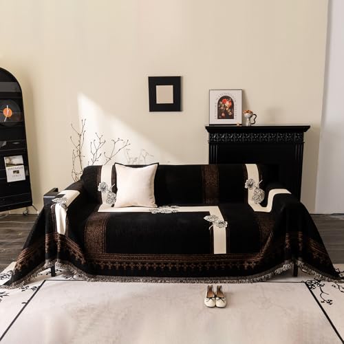 58# Vintage Black chenille sofa throw cover color option