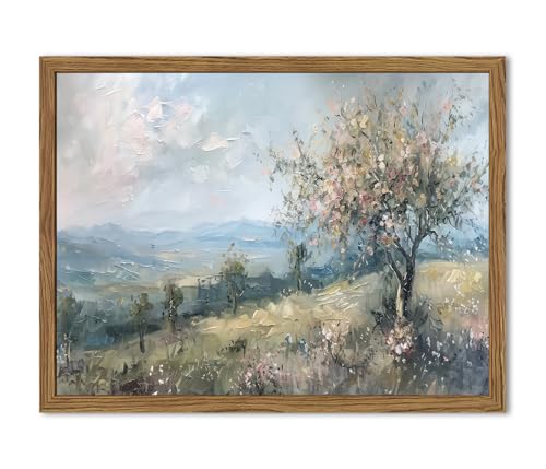 Image of Cottage Core Wall Art Vintage Cottagecore Wall Decor Pictures Blue Nature Country Landscape Poster Painting Canvas Print for Bedroom Living Room Farmhouse 16x12 inch Wood Framed
