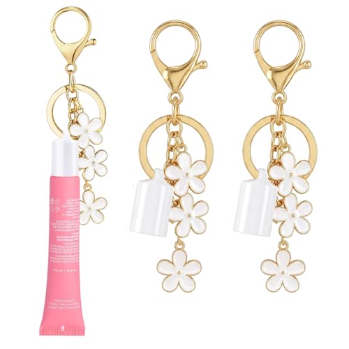 LUHOHI 2PCS Lip Balm Cap Keychain With Flower Charms for Summer Fridays Lip Gloss Holder Keychains Kit for Summerfridays 0.5oz Portable Purse Accessories No Lip Balm