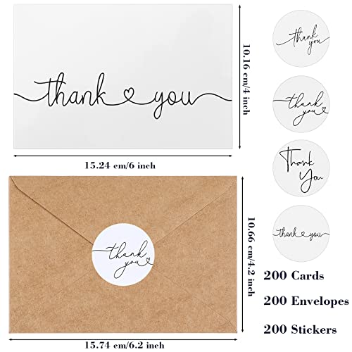 200 Set Thank You Cards Bulk Blank Thank U Greeting Notes With Matching Brown Kraft Envelopes And Stickers Thank You Greeting Card Set For Wedding Business Birthday Baby Shower 6 X 4 Inch #TOP1
