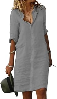 Fronage Women's Casual Cotton Linen Shirt Dress Button Down 1/2 Long Sleeve Lapel V Neck Summer Midi Dresses with Pockets