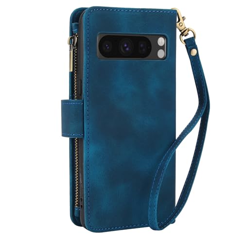 Dteck for Google Pixel 6 Pro Case (6.7") 2021 Release, PU Leather Protective Flip Wallet Case with Card Holder Slots/Pockets, Portable Lightweight Fold Stand Cover with Shoulder Strap Lanyard, Blue