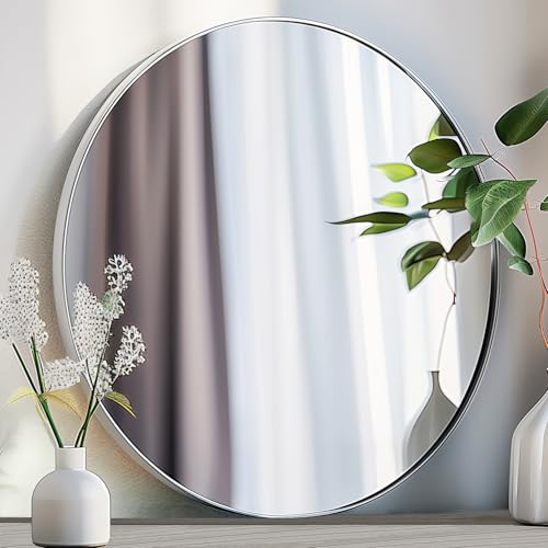 Image of Sunniry Silver Round Mirror 40 inch, Circle Wall Mirror with Metal Frame | Brushed Aluminum Frame, High Definition, No Distortion, Easy installation,Gold Mirror for Restroom, Cloakroom, Guest Room