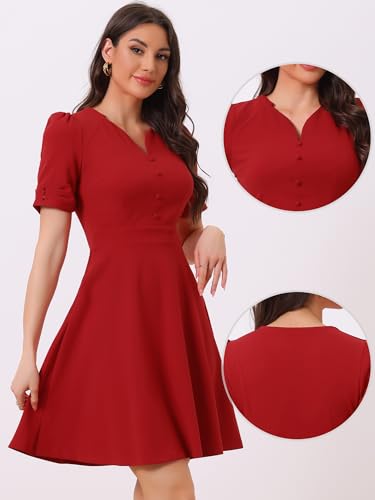 Image of Allegra K Formal Work Dress for Women's Puffy Sleeve A-Line V Neck Office Dresses