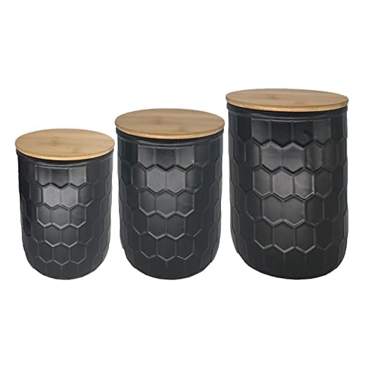 First of a Kind Kitchen Canisters - Black Stoneware Canisters with Bamboo Lids, Set of 3 Storage Canister Container Set - Honeycomb Design, Ceramic Food Canister Jars for Tea, Sugar & Flour Storage