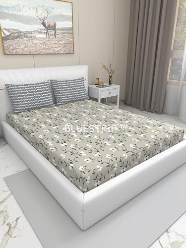 Image of Blue Strip 300 TC Cotton Feel Glace Cotton Flat Printed Queen Size Double Bed Bedsheet with 2 Pillow Covers,Size- 90 x 100 Inches