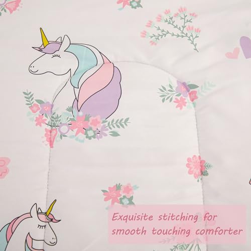 Image of Viviland Toddler Comforter Sets, 4 Pieces Bedding Sets, White Background | Microfiber Pink Bed Set, Girls, Breathable & Soft, Comforter, Bed Sheet, Fitted Sheet and Pillowcase, Machine Washable