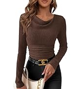 PRETTYGARDEN Women's Long Sleeve Cowl Neck Ribbed Knit Spring Shirts Slim Fit Ruched Going Out Cr...