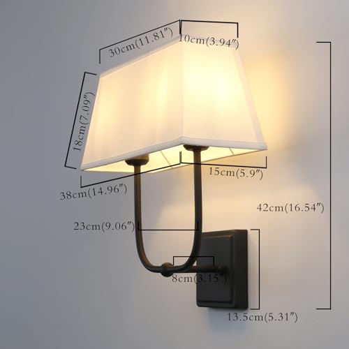 Image of PERMO Transitional Double Sconce Indoor 2 Lights Sconces Black Wall Lighting with White Textile Fabric Square Shade Wall Sconces for Bedroom Bedside Living Room