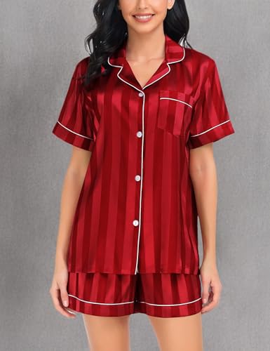 Image of SWOMOG Satin Matching Pajamas Sets Couple Silk Button Down Nightwear Women & Men Short Sleeve Sleepwear 2 Pieces Loungewear