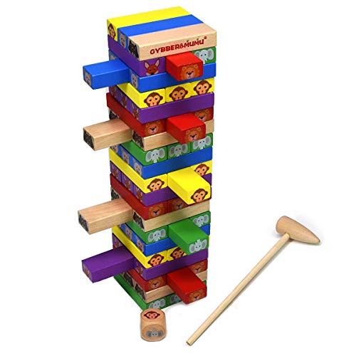 GYBBER&MUMU 60 Pieces Colorful Animal Patterns Wooden Blocks Stacking Board Games with 1 Wood Hammer &1 Dice (60PCS_Colorful) - Thumbnail 7
