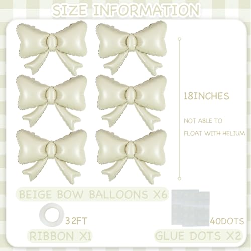 Image of 6 Pieces Bow Balloons, Cream White Matte Metallic Foil Bowtie Balloon for Women Men Girls Boys Beige Bow Happy Birthday Party, Boho Groovy Party, Baby Shower, Balloon Garland Accessories