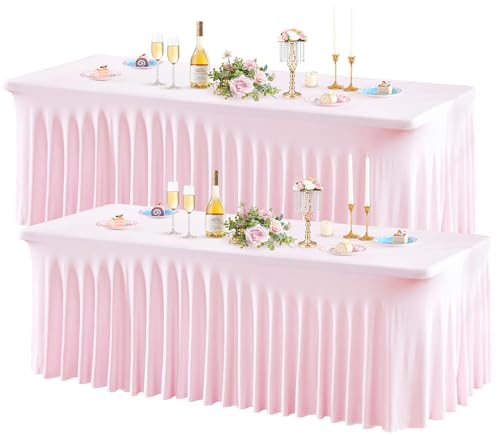 Wish Care 2 Pack Pink Spandex Table Clothes for 8 Foot Rectangle Tables, 8FT Wrinkle Free Fitted Tablecloths Ruffles Design Table Cover for Party, Banquet, Wedding and Events