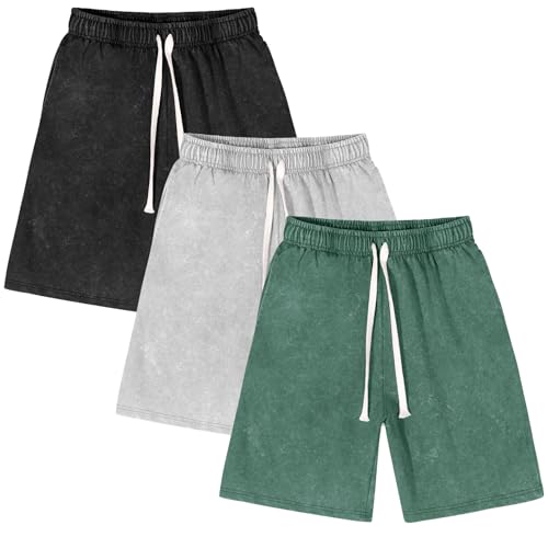 Flygo Men's 3 Pack Athletic Sweat Shorts Acid Washed Cotton Elastic Waist Drawstring Gym Workout Jogger Pants with Pockets