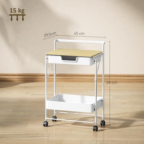HOMCOM Carrito Auxiliar con Ruedas de 2 Niveles Carro de Cocina con 1 Cajón y 1 Cesta Carrito Organizador para Dormitorio Salón Oficina Blanco - imagen 7