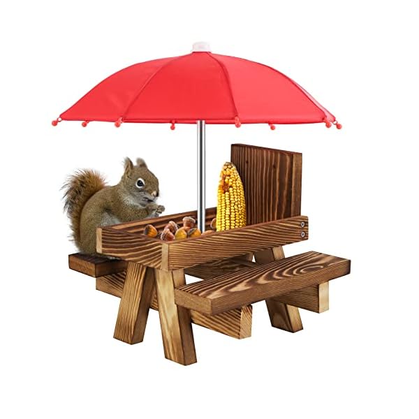 Petyoung Eekhoorn Feeder Tafel Met Paraplu Houten Picknicktafel Eekhoorn Feeder Voldaan Duurzame Maïskolf Houder Tuinornamenten for Eekhoorn Chipmunk Wildvogel Feeder