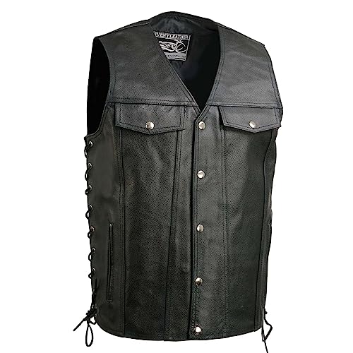 Image of EVENT LEATHER EL1310GO Men's Classic Western Style Snap Button Black Motorcycle Riders Leather Vest