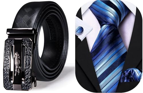 Barry.Wang Leather Ratchet Belt Tie Set Men Sliding Black 35mm Wedding Dress Formal Business,Trim To Fit