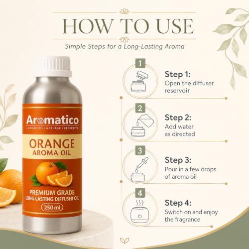 Image of AROMATICO Orange Diffuser Oil with Natural Aroma for Humidifiers, Homes, Offices & Showrooms, Candle and Soap Making | Fragrance for Aromatherapy | Essential Oil for Diffuser and Aromatherapy - 250 ml