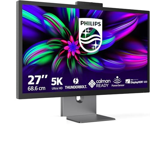 Philips 27E3U7903 27 pollici Adobe RGB 99% + 5K, 70 Hz, IPS Nero, 4 ms MPRT, Adaptive Sync, HDR600, regolazione dell'altezza, webcam, altoparlante, (2560 x 1440, HDMI 1x 2.1, DP, USB Hub) Grigio