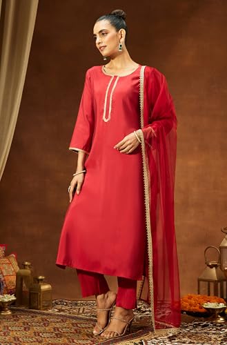 Image of Janasya Women's Chanderi Silk Yoke Design Straight Kurta Set