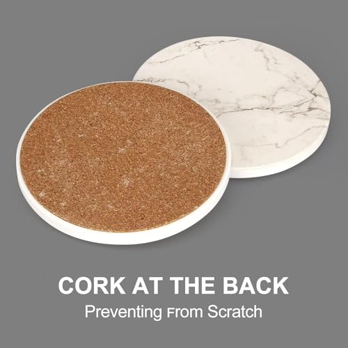 Image of 6 Pack White Wood Coaster Set with Holder Absorbent Drink Coasters Wood Cute Coaster Bar Dining Coffee Table Accessories Decor Gift Funny Cup Stone Modern Cool Desk Beer Cork