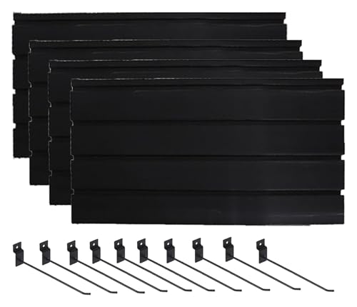 DGAMHF 4 Pieces Slatwall Panel, Slat Wall Paneling Garage Wall Organizer With 10 Hooks, Heavy Duty Wall Mounted PVC Storage Rack For Retail Store, Home(Black,60x31cm)