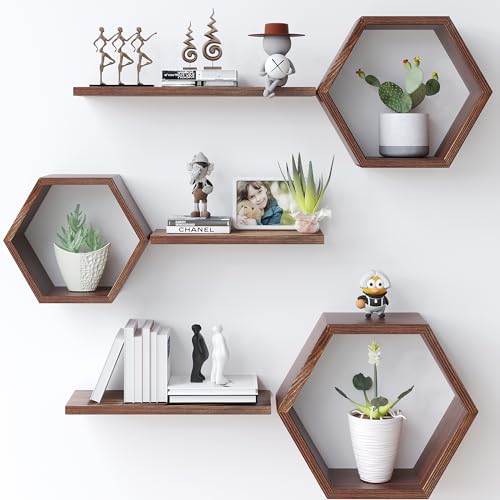 Wooden Hexagon Floating Shelves Wall Mounted,Set of 6 Pine Hexago...