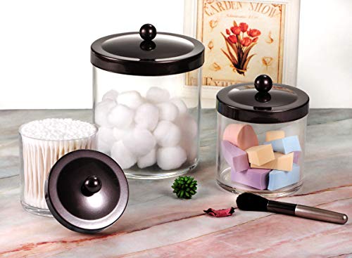 SheeChung 3-Pack Plastic Apothecary Jars with Bronze Metal Lids - Large 50oz, 25oz & 15oz Clear Acrylic Storage Set - Shatterproof Bathroom Vanity & Kitchen Organizer - Modern Farmhouse Rustic Decor