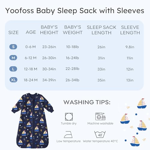 Image of Yoofoss Baby Sleep Sack 6-12 Months 1.0 Tog Long Sleeve Organic Cotton | Wearable Blanket for Infants 2-Way Zipper Quilted Sleeping Sacks(Medium)
