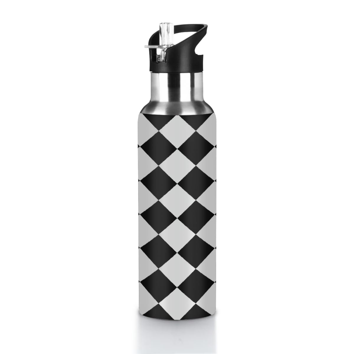 VQUVQV 600ml Water Bottle Stainless Steel Sports Drinks Bottle with Straw Lid, Black White Diamond Check Print Insulated Bottles Vacuum Flask for Running Cycling Hiking