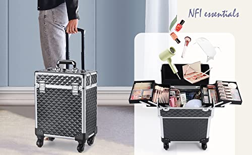 NFI essentials Aluminium Makeup Box with Keys Swivel Wheels Makeup Box Train Case Large Cosmetic Bag Vanity Trolley Organized Case for Barber and Makeupartist - Image 2 thumbnail