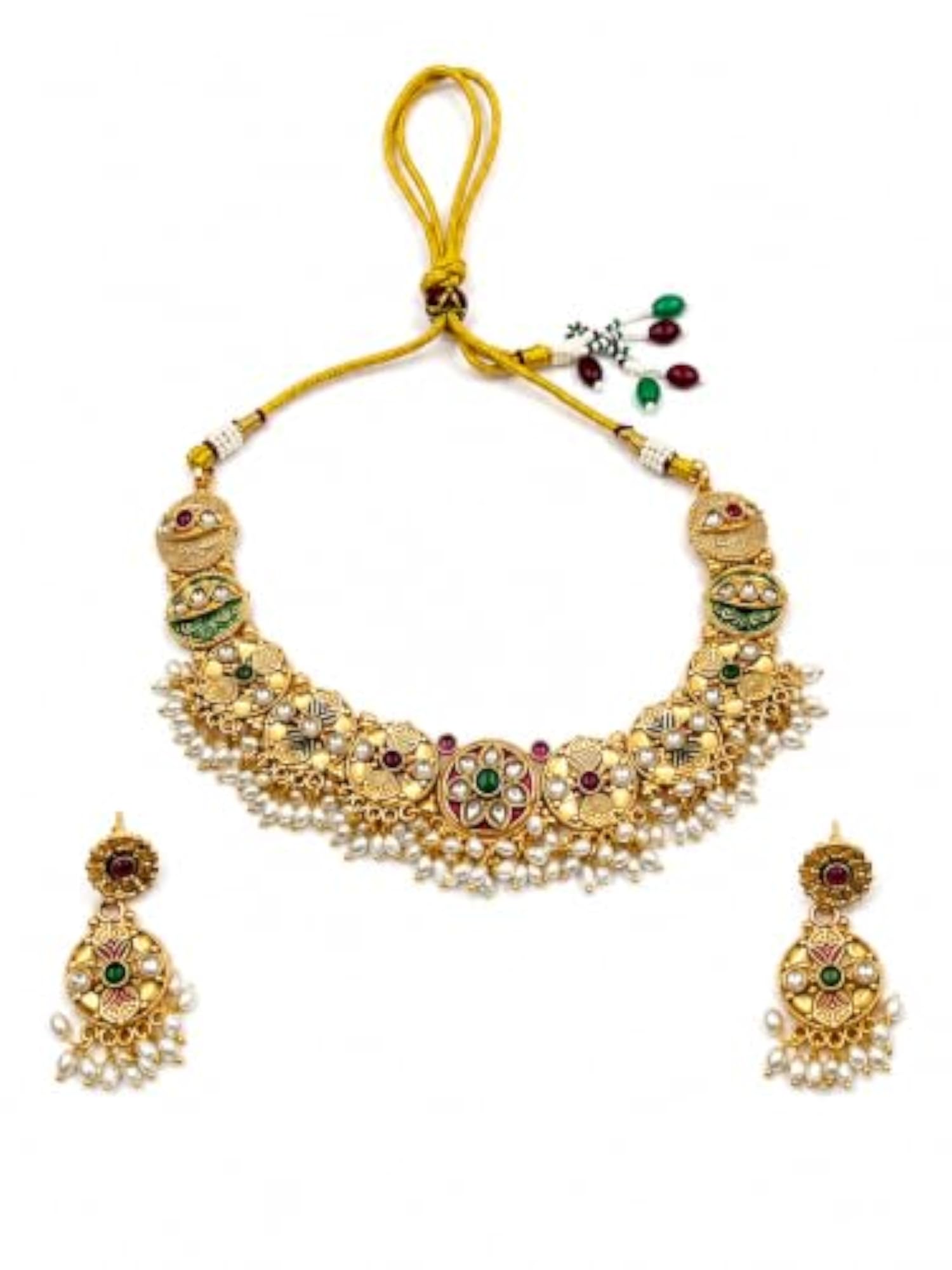 Gold-Toned CZ Necklace Earring Set with Ruby Emerald Drops